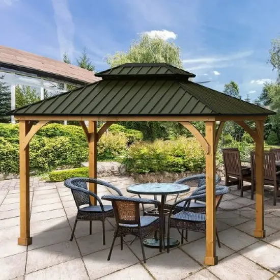 Aoodor Patio Solid Wooden Gazebo 10 x 12.36 ft. Hardtop Roof 2 - Tier for Garden image {3}