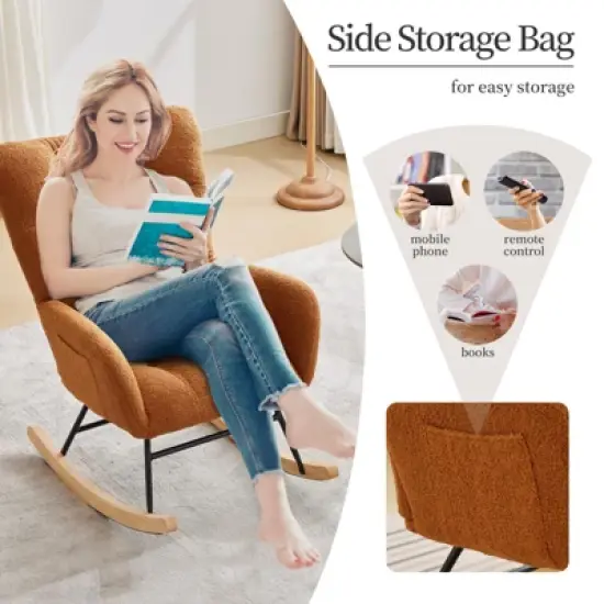 GustoWave Comfy Nursery Rocking Chair,Teddy Upholstered Glider Rocking Chair with Ergonomic Backrest, Armrest, Side Pocket,Soft Accent Armchair image {1}