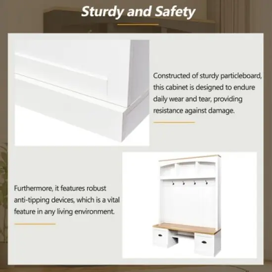 TIRAMISUBEST Farmhouse 4-in-1 Hall Tree with Bench - Entryway Organizer with Black Hooks & Adjustable Shelves, White image {3}