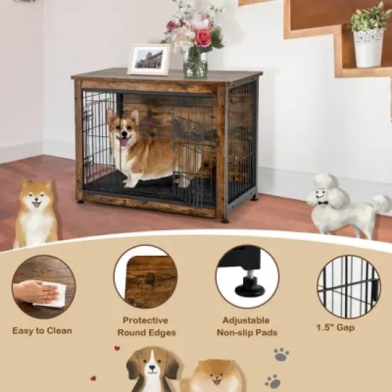 Tangkula Wooden Dog Crate Furniture with Pad Bed Double Doors Dog Kennel End Table image {6}