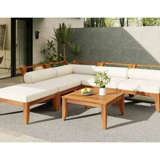 6 PCS Patio Sofa Set, Modular L-Shaped Sectional Sofa with Ottoman and Tea Table, Acacia Wood Frame Sofa with Polyester Cushion-Coolbibila image {2}