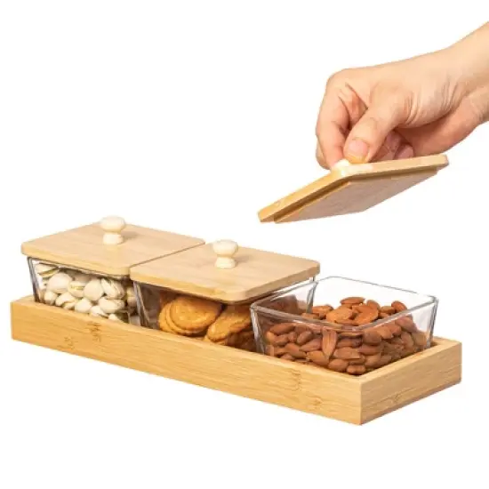 Basicwise Glass Jars with Bamboo Lids and Wooden Tray &ndash; Rectangular Charcuterie, Snack Organizer and Fruit Platter for Party, Candy Jars,and Cookies image {7}