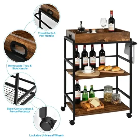 Costway 3-Tier Rolling Bar Cart Kitchen Serving Cart w/ Removable Tray & Handle image {7}