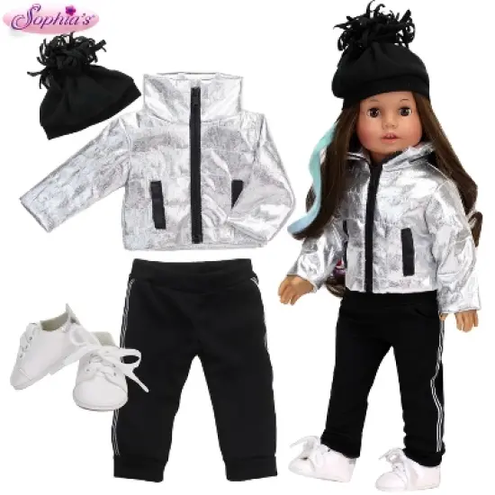 Sophia&rsquo;s Silver Metallic Jacket, Black Side Stripe Joggers, Sneakers, & Hat for 18&rdquo; Dolls, Silver/Black image {1}