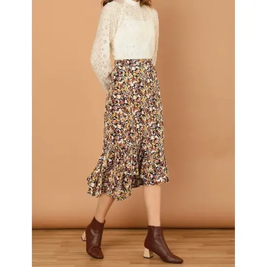 Allegra K Women's Summer Floral Elastic Waist High Low Ruffle Hem Midi Skirts image {1}