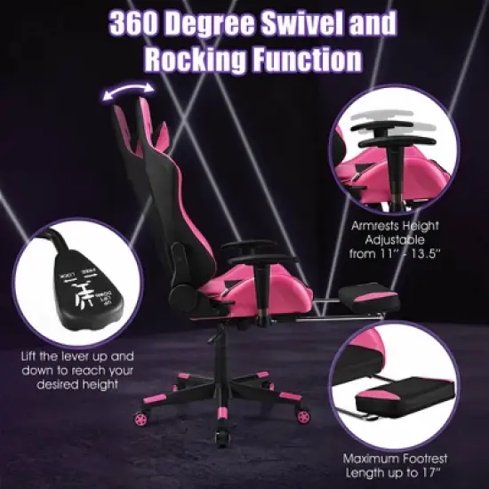 Costway Gaming Chair  Massage  Reclining  Racing Office Computer Chair with Footrest Pink image {7}