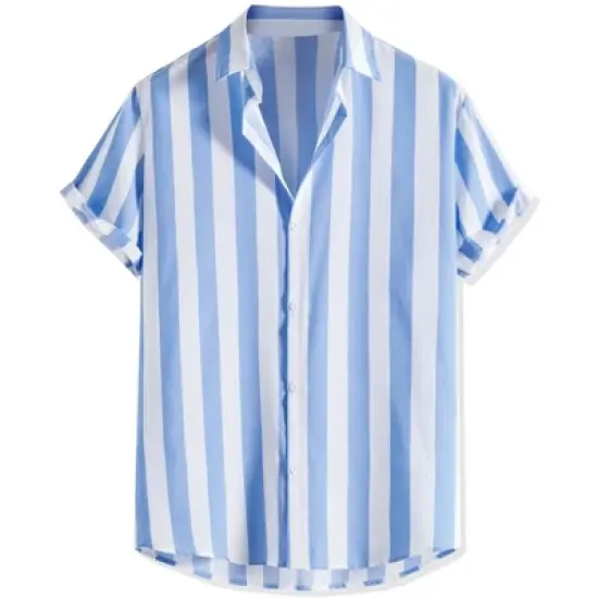 Lars Amadeus Men's Stripe Shirt Short Sleeved Color Block Button Down Beach Shirt image {9}