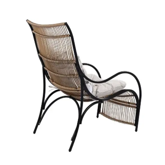 FIONECA 3-Piece Wicker Outdoor Patio Furniture Set with Lounge Chair, Ottoman & Coffee Table, Black & Natural Rattan with Beige Cushions image {5}