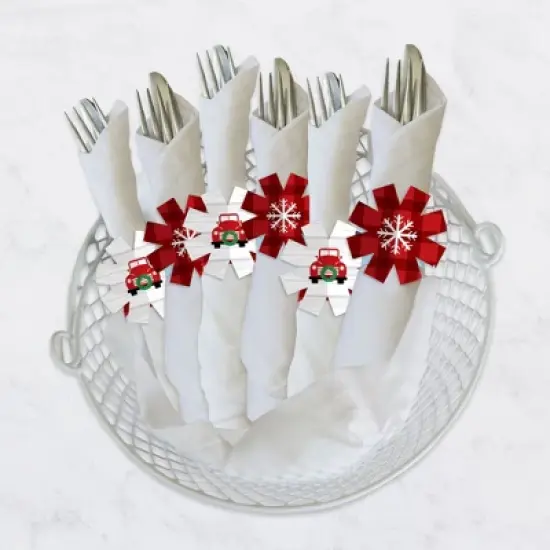 Big Dot of Happiness Merry Little Christmas Tree - Red Truck Christmas Party Paper Napkin Holder - Napkin Rings - Set of 24 image {2}
