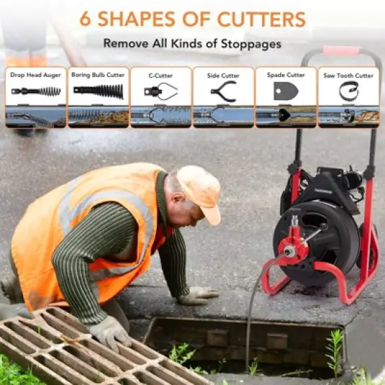 Drain Cleaner Machine, Electric Drain Auger Professional for 1 to 4 Inch Pipes, with 6 Cutters, Glove, Drain Auger Cleaner image {4}