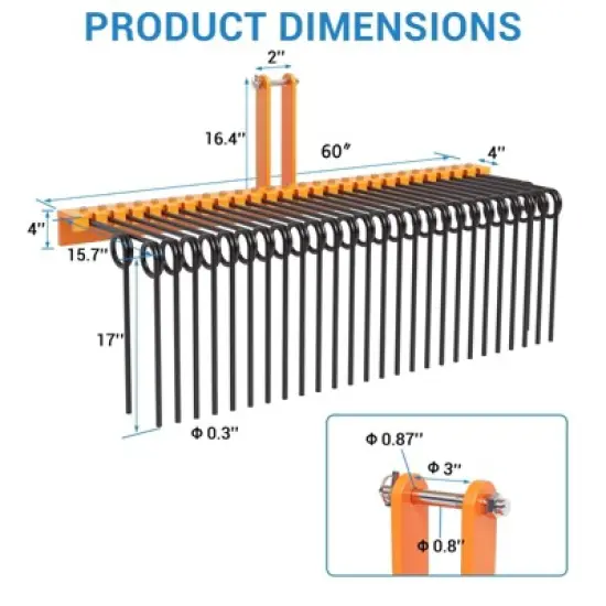 TROPOW Pine Straw Needle Rake, Durable Powder Coated Steel Spring Landscape Rake Attaches to Cat 0 Cat 1,3 Point Hitch for Tractor, Orange image {5}