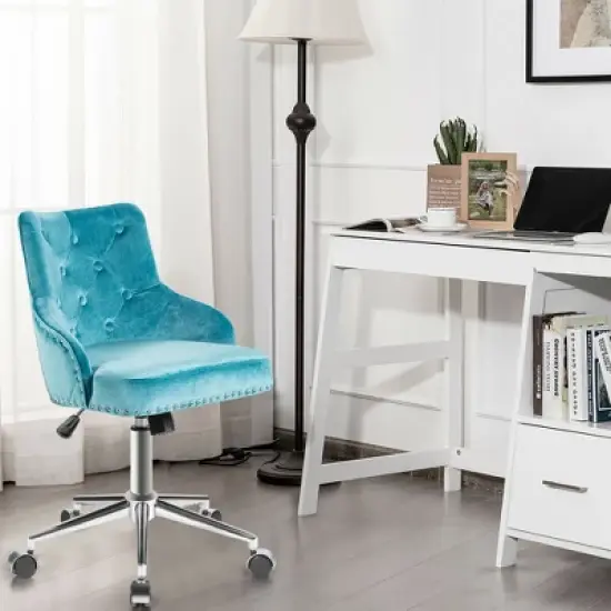 Costway Velvet Office Chair Upholstered Swivel Computer Task Chair Turquoise image {1}