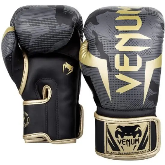 Venum Elite Hook and Loop Training Boxing Gloves - Dark Camo/Gold image {1}