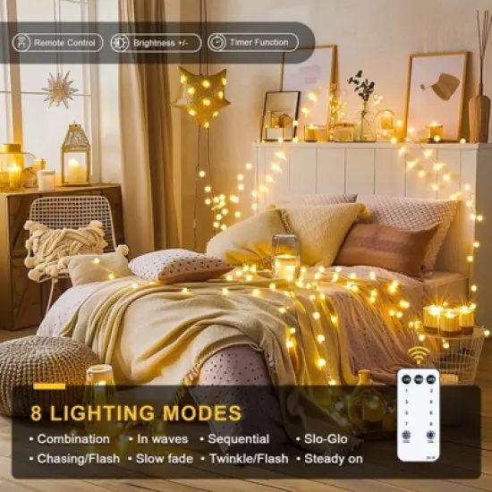 Itopfox 100 LED Connectable Globe String Lights Indoor Bedroom, Warm White Christmas Fairy Lights with Remote, 8 Modes Hanging for Room Classroom image {1}