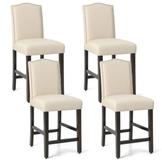 Costway Set of 4 Upholstered Bar stools 25'' Bar Height Chairs with Rubber Wood Legs Grey/Beige image {9}