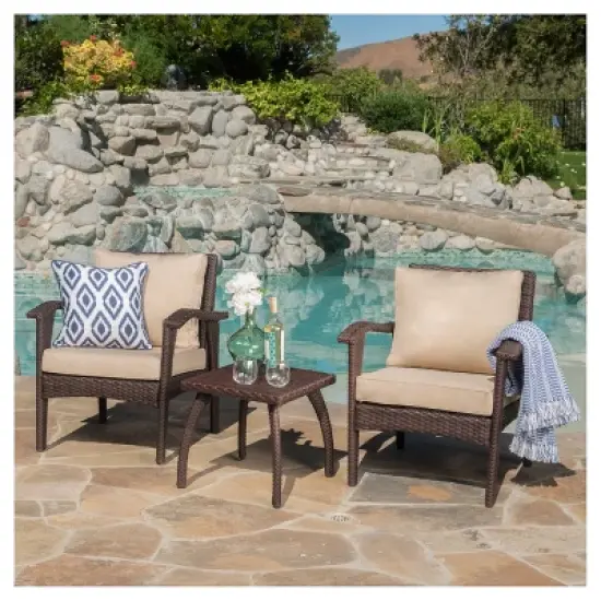 Honolulu 3pc Wicker Patio Chat Set with Cushions - Brown - Christopher Knight Home image {3}