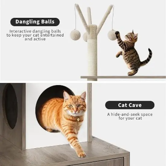 Hidden Litter Box Enclosure with Cat Tree Tower, 2-in-1 Cat Condo with Hammocks, Perches, Scratching Posts & Basket image {3}
