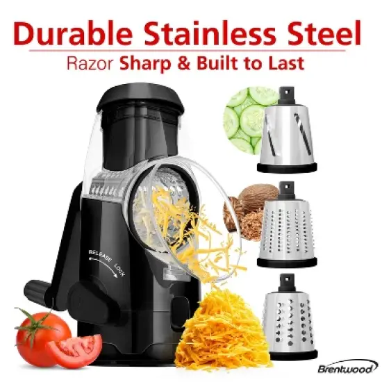 Brentwood Rotary Grater with Handle and Stainless Steel Drum Blades, Black image {6}