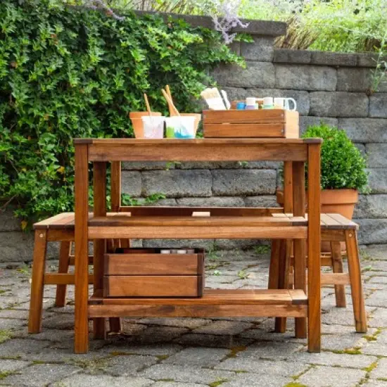 Guidecraft Acadia Kids Outdoor Craft Table and 2 Bench Set: Acacia Wood Activity Desk w/ Storage, Kids Play Table & Bench for Backyard, Patio, Garden image {6}