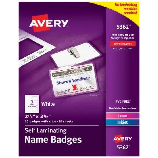 Avery Customizable Self-Laminating Name Badges with Clips, 2.25" x 3.5", White Printable Inserts, 30 Clip Style Laminated Badges (5362) image {8}