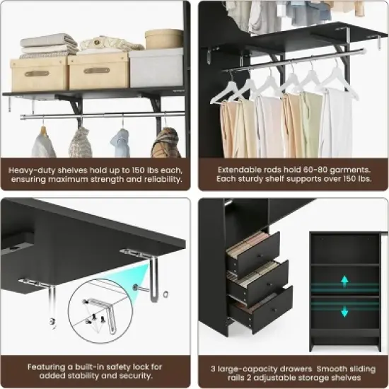 SEVOBAL Freestanding Coat Racks Expandable Wardrobe Rack with 3 Drawers and Shelves, High-Capacity Closet Organizer, Black, 10.5"*44"*20.5" image {4}