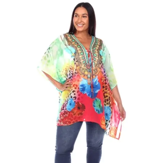 Plus Size Short Caftan with Tie-up Neckline - One Size Fits Most Plus - White Mark image {8}