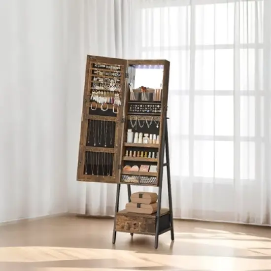 Standing LED Jewelry Cabinet, Lockable Armoire with Full-Length Mirror, Space-Saving Organizer, Bottom Drawer, Shelf - Gift Idea image {3}