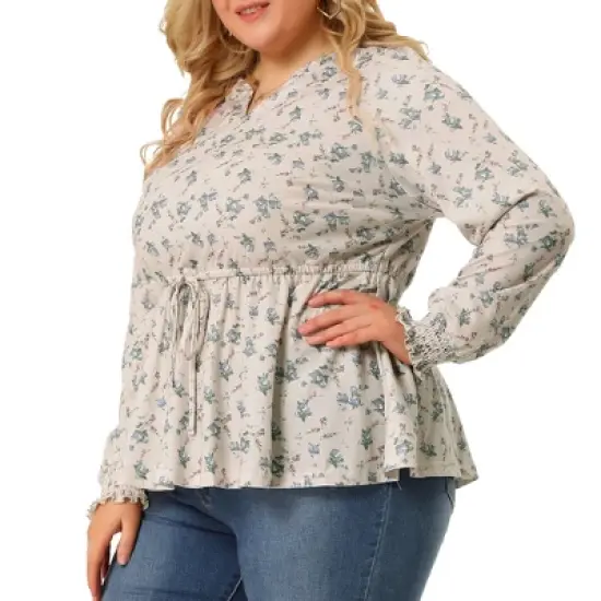 Agnes Orinda Women's Plus Size Floral Ruffle Neck Drawstring Waist Long Sleeve Peplum Tops image {6}