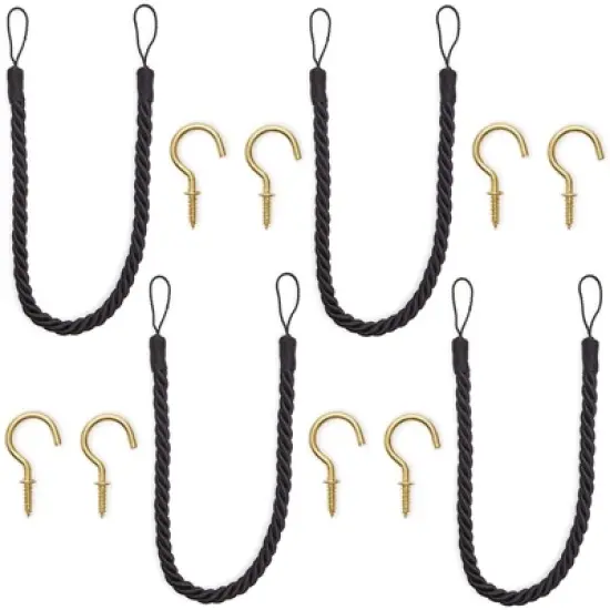 4-Pack Black Cotton Window Curtain Tiebacks Tie Back with 8 Hooks, 26" Holdbacks Rope for Drapes image {7}