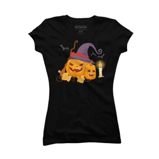 Junior's Design By Humans Halloween Witch Pumpkins With Bats By VectorVillain T-Shirt image {3}