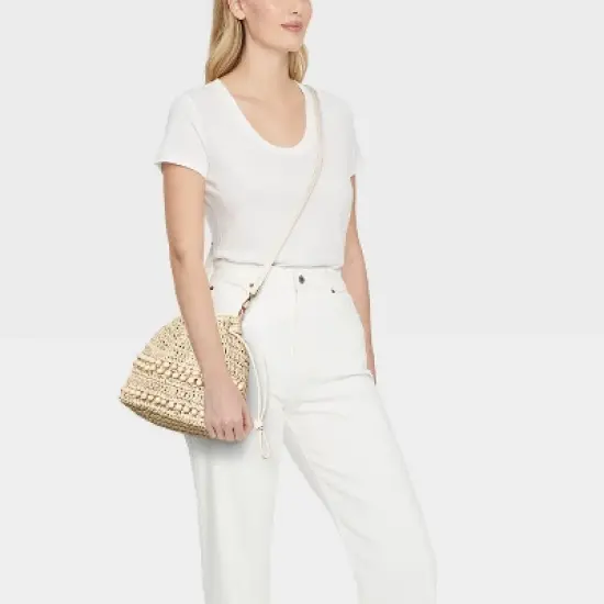 Straw Beaded Drawstring Crossbody Bag - Universal Thread&trade; Light Beige: Knit Paper Straw, Unstructured image {1}
