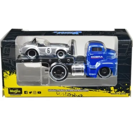1950 Ford COE Flatbed Truck Blue & 1964 Shelby Cobra #6 Silver Metallic with Stripes 1/64 Diecast Model Cars by Muscle Machines image {1}