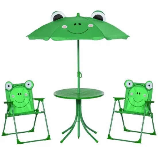 Outsunny Folding Kids Table and Chair Set, Picnic Table with Frog Pattern Removable & Height Adjustable Sun Umbrella for Garden, Backyard, Green image {6}