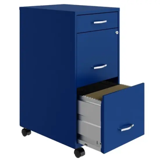Space Solutions 18 Inch Wide Metal Mobile Organizer File Cabinet for Office Supplies and Hanging File Folders w/ Pencil Drawer & 3 File Drawers, Blue image {2}