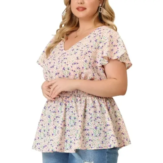Agnes Orinda Women's Plus Size Peplum Top Flare Sleeve Casual V Neck Smocked Waist Floral Blouses image {1}