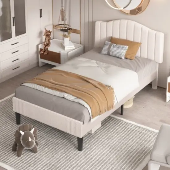 VECELO Bed Frame, Upholstered Platform Bed with Soft Teddy Fabric Adjustable Headboard, Beige/Gray image {2}