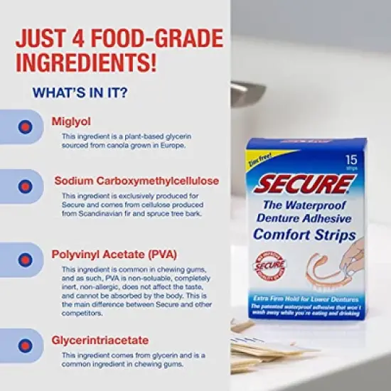 Secure Denture Adhesive Cushion Strips &ndash; Zinc Free &ndash; Waterproof &ndash; Comfortable Fit for Uppers & Lowers &ndash; Extra Firm All-Day-Hold &ndash; Clean Ingredients image {11}