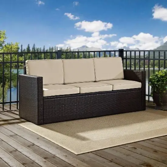 Palm Harbor Outdoor Wicker Sofa In Brown with Sand Cushions - Crosley image {3}
