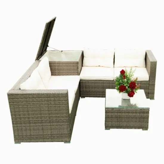 4pc Wicker Patio Seating Set with Cushions - Gray/Beige - GODEER image {4}