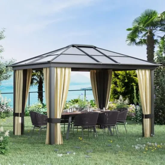 Outsunny 10x12 Polycarbonate Hardtop Gazebo, Gazebo Canopy with Aluminum Frame, Curtains and Netting for Garden, Patio, Backyard, Beige image {1}