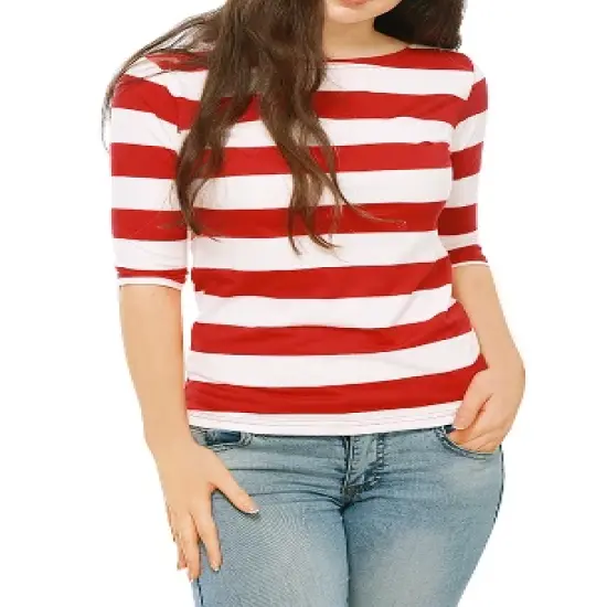 Allegra K Women's Elbow Sleeves Casual Basic Boat Neck Slim Fit T-Shirts image {9}