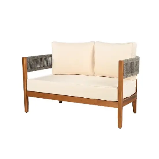Christopher Knight Home Valentina Patio 4 Piece Rustic Rope Weave Acacia Wood Furniture Set with Cushions image {4}