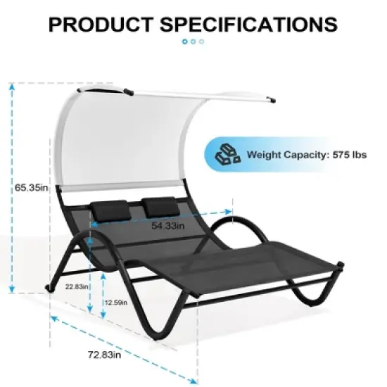 Crestlive Products Outdoor Double Chaise Lounge Chair with Canopy Shade & Wheels, Double Sun Bed Lounger image {1}
