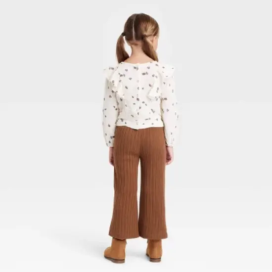 Grayson Collective Toddler Girls' Long Sleeve Ruffle Top & Wide Leg Pants Set - Dark Brown/White image {1}