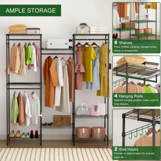 Heavy Duty Clothes Rack with 4 Rails, 8 Hooks & Adjustable Shelves, Freestanding Wardrobe Closet Organizer for Bedroom, Black image {3}