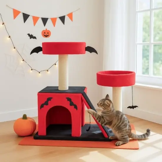 FURNIinspire Pet Tower Gothic Cat Tree Tower Halloween Pet Furniture Cute Cat Toys House with Condo, Scratching Posts, Red, 25.6"*17.7"*27.5" image {5}