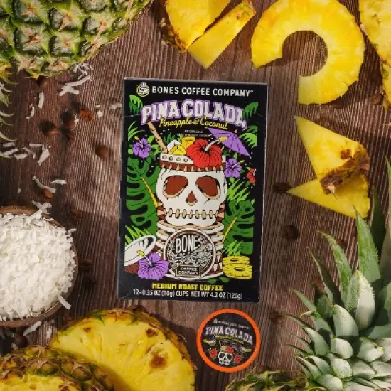 Bones Coffee Company Pina Colada Pineapple and Coconut Flavor 12 ct Single-Serve Bones Cups Coffee Pods Keurig Coffee Maker Compatible image {1}