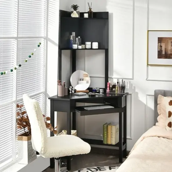 Costway Corner Computer Desk Triangle Study Desk w/ Hutch & Keyboard Tray image {1}