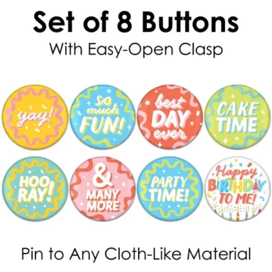 Big Dot of Happiness Party Time - 3 inch Happy Birthday Party Badge - Pinback Buttons - Set of 8 image {5}