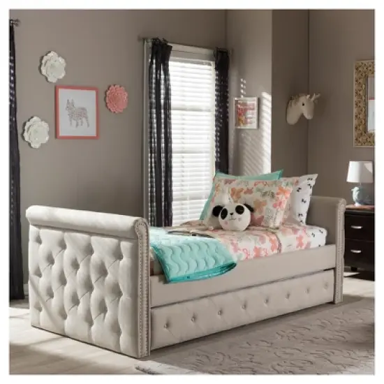 Twin Swanson Modern and Contemporary Fabric Tufted Daybed with Roll-Out Trundle Guest Bed - Baxton Studio image {7}